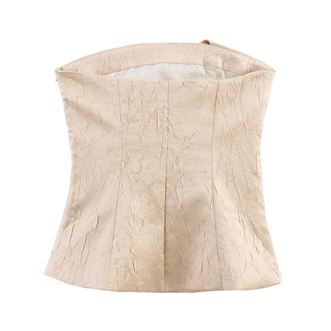 Strapless Side Pleated Khaki Color Casual Fashion Women's tank Tops