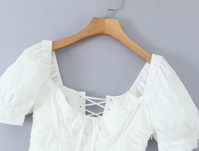Square Collar Short Sleeve White Color Hot Sale Casual Fashion Summer Cotton Long Dress for Women