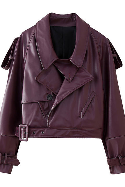 Turn Down Collar Purple Color Long Sleeve Front Buckle Casual Fashion Leather Motorcycle Jacket for Women