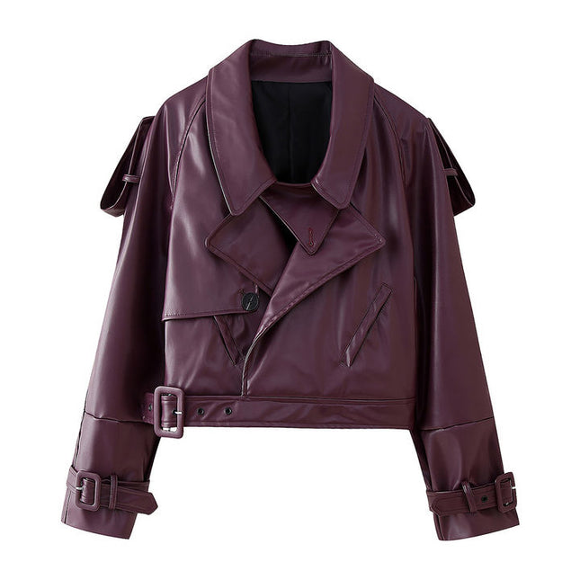 Turn Down Collar Purple Color Long Sleeve Front Buckle Casual Fashion Leather Motorcycle Jacket for Women