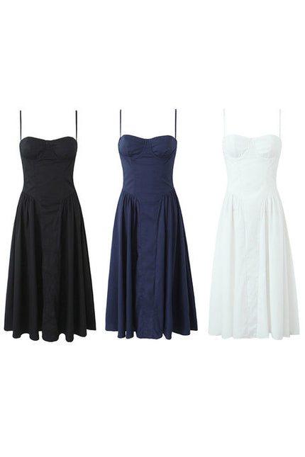 3 Colorway Solid Color Pleated Spaghetti Strap Casual Fashion Ladies Midi slip Dress