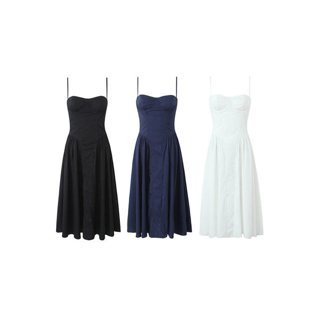 3 Colorway Solid Color Pleated Spaghetti Strap Casual Fashion Ladies Midi slip Dress