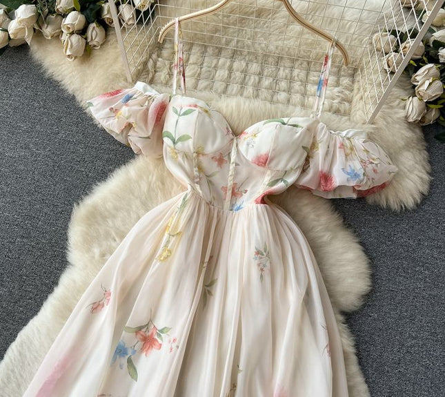 Plunge Halter Women Summer Floral Bubble Sleeve Mesh Dresses