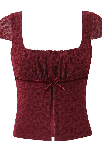 Short Sleeve Red Color Front Bow Tie Floral Pattern Casual Fashion Crop Top Blouse for Women