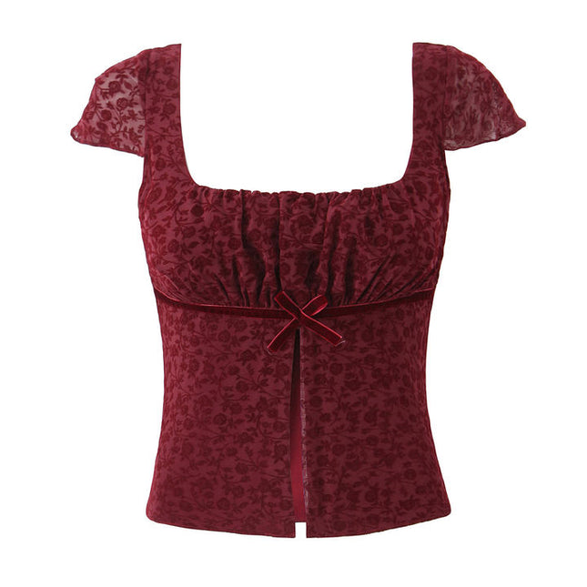 Short Sleeve Red Color Front Bow Tie Floral Pattern Casual Fashion Crop Top Blouse for Women