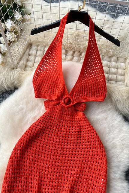 Spicy girl style hanging neck suspender dress for women in summer V-neck hollow out slit backless design long skirt