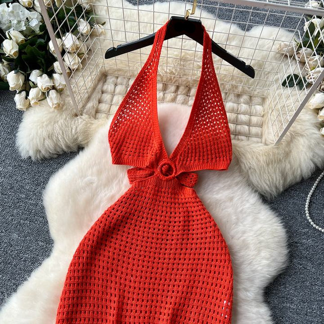Spicy girl style hanging neck suspender dress for women in summer V-neck hollow out slit backless design long skirt
