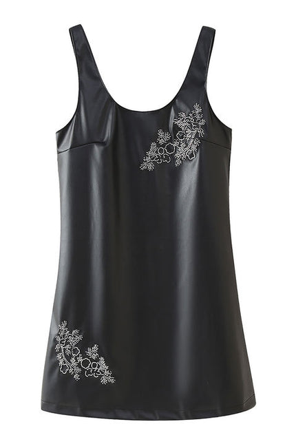 Shoulder Strap Beading Black Color Sleeveless Casual Fashion PU Leather Mini Dress for Ladies
