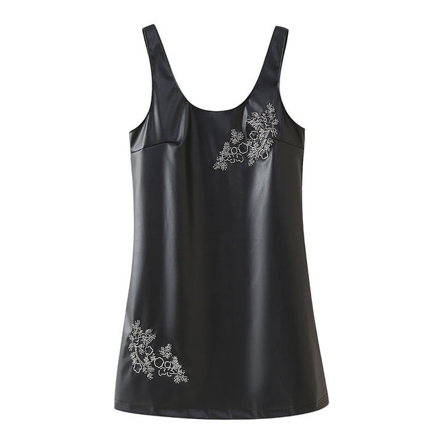 Shoulder Strap Beading Black Color Sleeveless Casual Fashion PU Leather Mini Dress for Ladies
