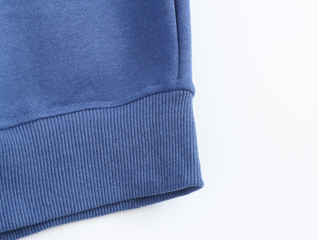 Stand Collar Blue Color Front Letter Print Long Sleeve Casual Fashion Sweatshirt for Women