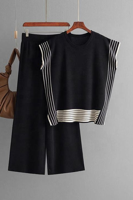 Fashion Suit Women's Striped Splicing Crew-neck Loose Knit Two-piece Set of High-waisted Straight Leg Wide-leg Pants