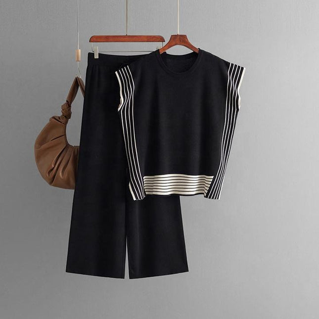Fashion Suit Women's Striped Splicing Crew-neck Loose Knit Two-piece Set of High-waisted Straight Leg Wide-leg Pants