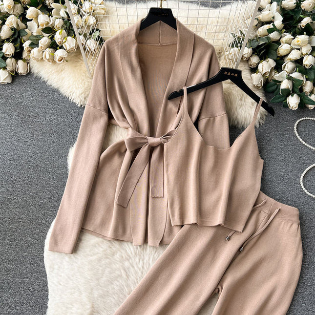 Autumn Winter New Loose Casual Fashion Suit Female Knitted Cardigan Jacket Undershirt Pants Three Piece Set