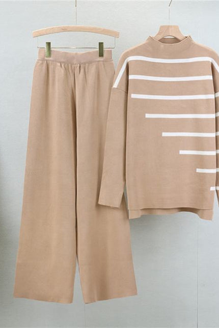 2 Piece Knitted Suit Women Loose Striped Top Casual High Waist Two-piece Pant Set Female Autumn Winter Sweater Set