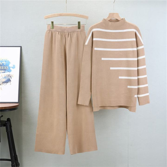2 Piece Knitted Suit Women Loose Striped Top Casual High Waist Two-piece Pant Set Female Autumn Winter Sweater Set