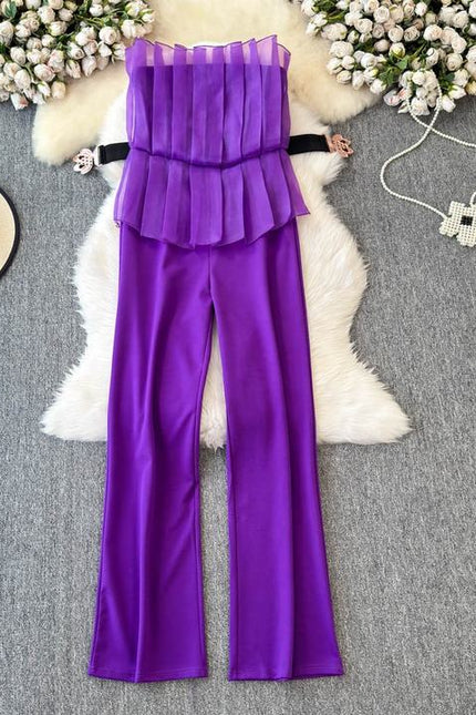 Elegant and Sexy Mesh Spliced One Shoulder Ruffled Edges Cinched Waist for Slimming Jumpsuit