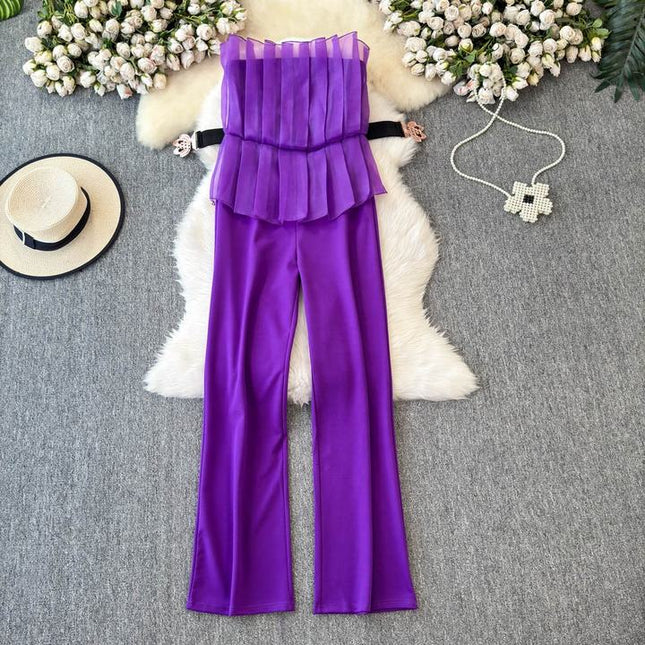 Elegant and Sexy Mesh Spliced One Shoulder Ruffled Edges Cinched Waist for Slimming Jumpsuit