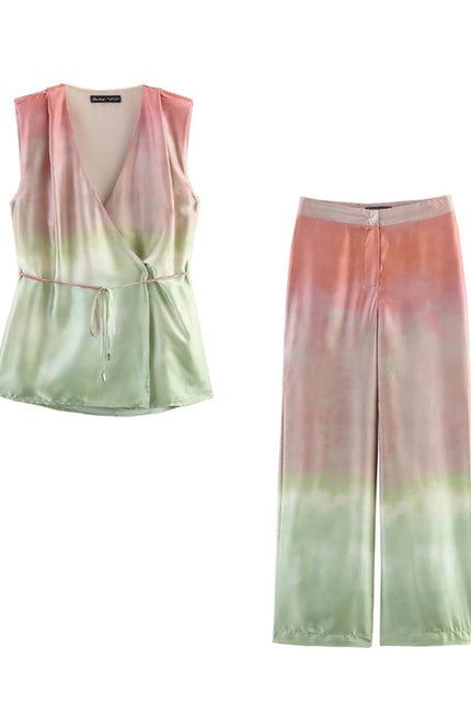V Neck Green pink Color Sashes Hot Sale Casual Fashion Silky Tops Blouse for Women