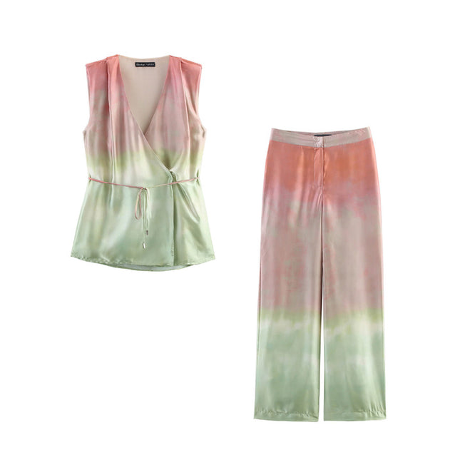 V Neck Green pink Color Sashes Hot Sale Casual Fashion Silky Tops Blouse for Women