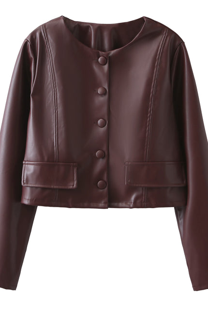 Crew Neck Burgundy Color Single Breasted Long Sleeve Casual Fashion PU Leather Jacket for Women