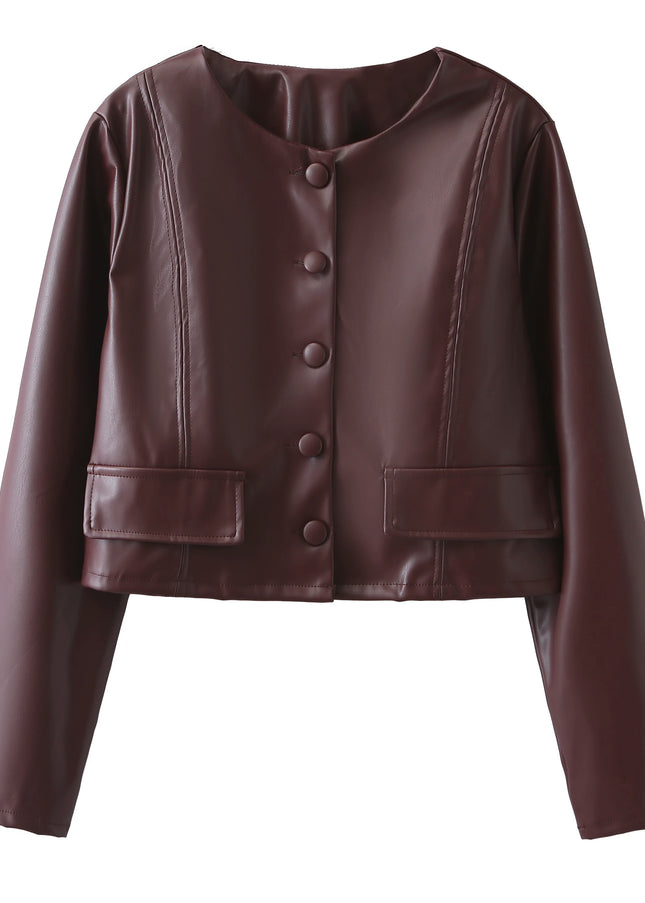 Crew Neck Burgundy Color Single Breasted Long Sleeve Casual Fashion PU Leather Jacket for Women