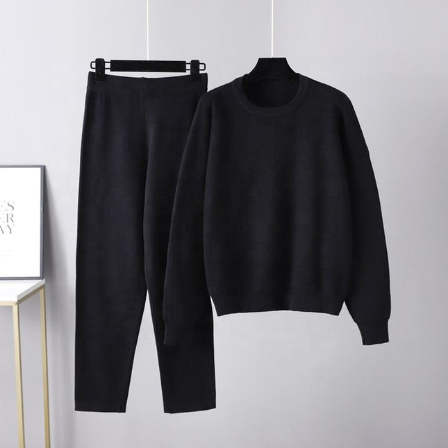 Autumn and Winter Ladies' Casual Set New Loose Sweater Two Piece Pants Set Solid Color Knitting Set Female Fashion