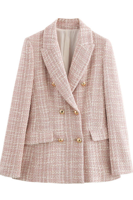 Notched Collar pink Color Double Breasted Long Sleeve Plaid Pattern Casual Fashion blazer for Women