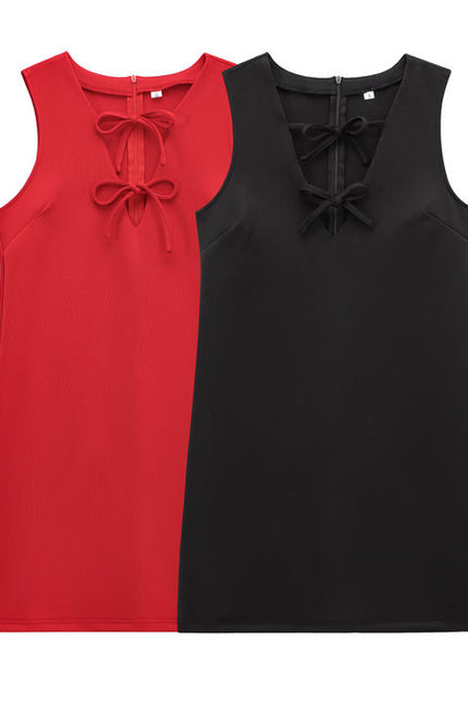 2 Colorway Solid Color Crew Neck Sleeveless Front Lace up Casual Fashion Summer Mini Dress for Women