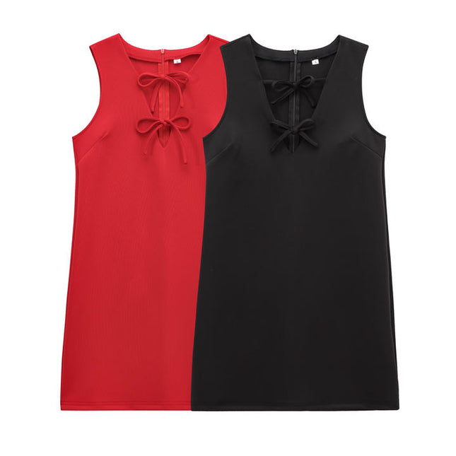 2 Colorway Solid Color Crew Neck Sleeveless Front Lace up Casual Fashion Summer Mini Dress for Women