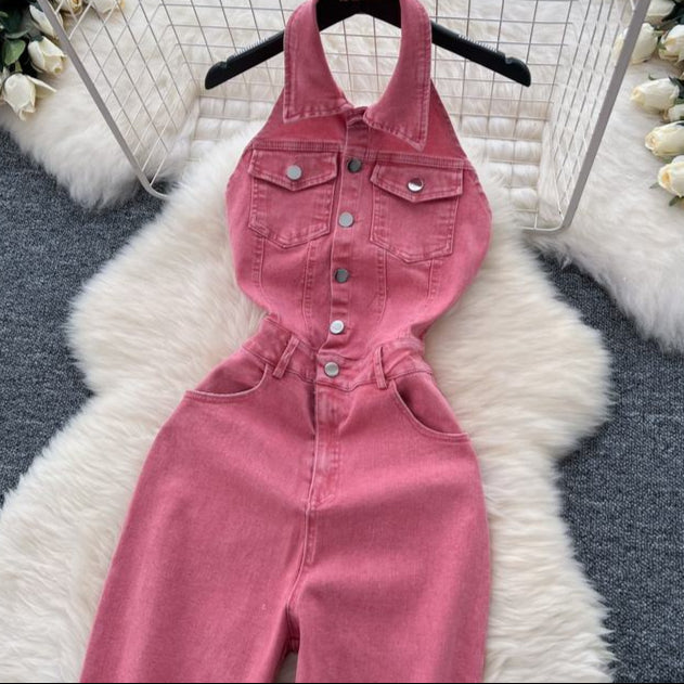 Summer Jumpsuit Hanging Neck Sleeveless Backless High Waist Wide Leg Denim Jumpsuit