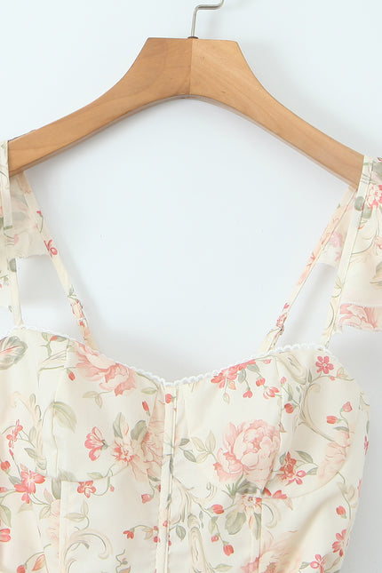 Floral Print Shoulder Strap Front Bow Tie Hot Sale Casual Fashion Summer Long slip Dress for Women