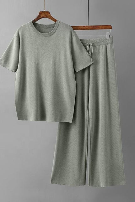 Fashion Knitwear Set in Long Solid Color Loose Split Knitwear + High Waist Lace-up Pants Two-piece Set