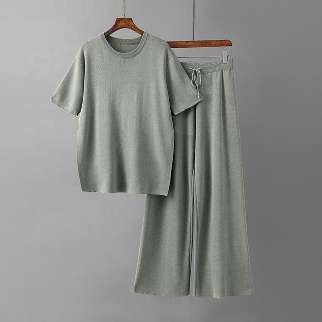 Fashion Knitwear Set in Long Solid Color Loose Split Knitwear + High Waist Lace-up Pants Two-piece Set
