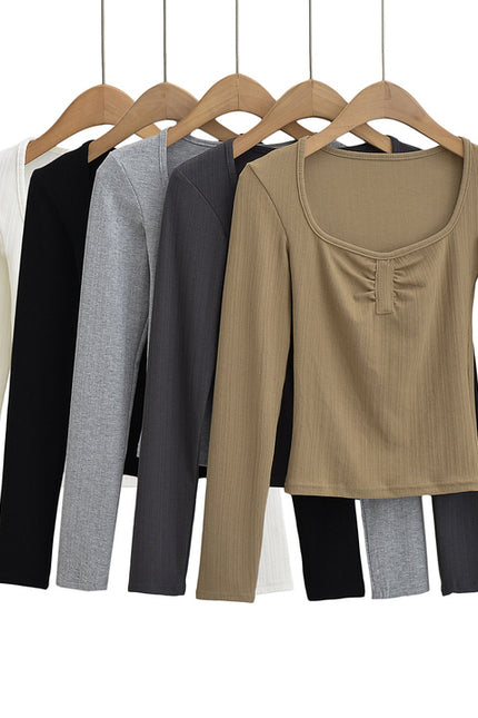 5 Colorway Solid Color square Collar Long Sleeve Front Pleated Casual Fashion Women t Shirt