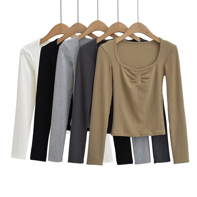5 Colorway Solid Color square Collar Long Sleeve Front Pleated Casual Fashion Women t Shirt