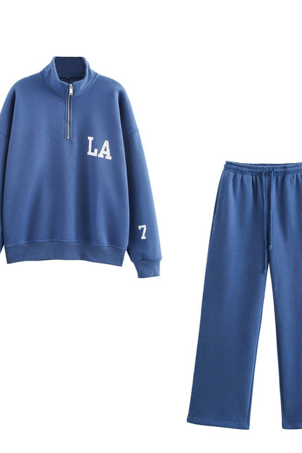 Stand Collar Blue Color Front Letter Print Long Sleeve Casual Fashion Sweatshirt for Women