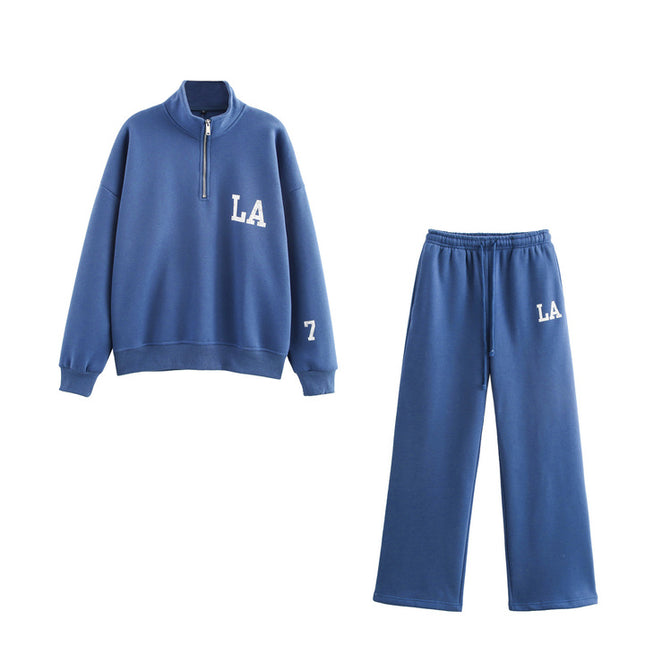 Stand Collar Blue Color Front Letter Print Long Sleeve Casual Fashion Sweatshirt for Women