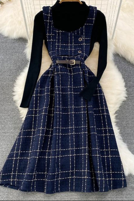 Fall Winter Vintage Style Stand Collar Bottom Sweater Two Piece Plaid Suspender Dress Waist A-Line Dress