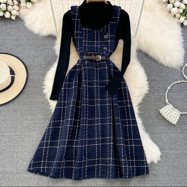 Fall Winter Vintage Style Stand Collar Bottom Sweater Two Piece Plaid Suspender Dress Waist A-Line Dress