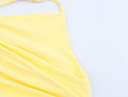 Back Hollow Out Lace up Yellow Color Pleated Casual Fashion Women's Halter tank Tops