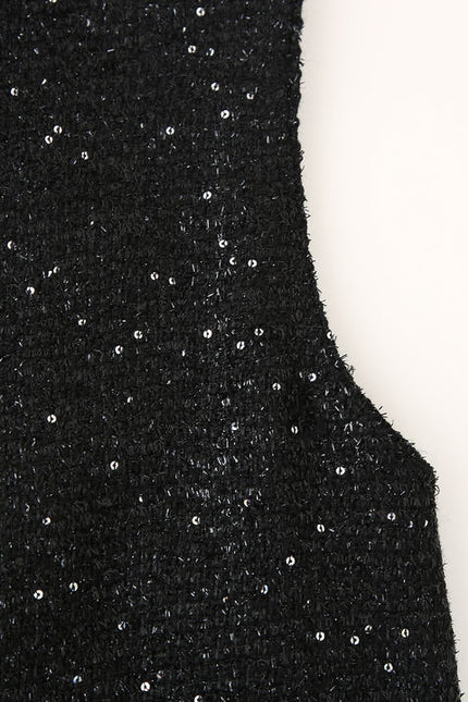 Stand Collar Black Color Sequin Buttons up Sleeveless Casual Fashion Mini Dress for Ladies