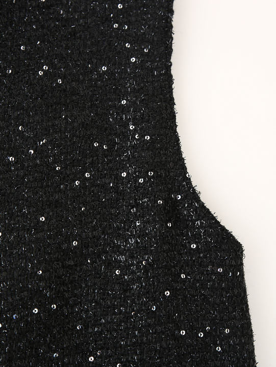 Stand Collar Black Color Sequin Buttons up Sleeveless Casual Fashion Mini Dress for Ladies