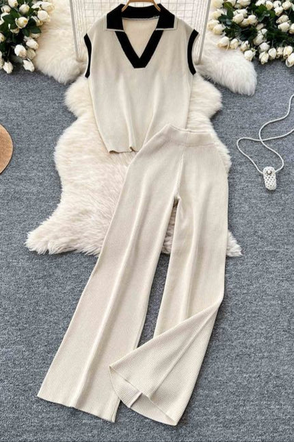 Two-piece Summer Outfit Sleeveless Knitted Top Retro Color-blocking Turn-down Collar and High Waist Wide Leg Trousers
