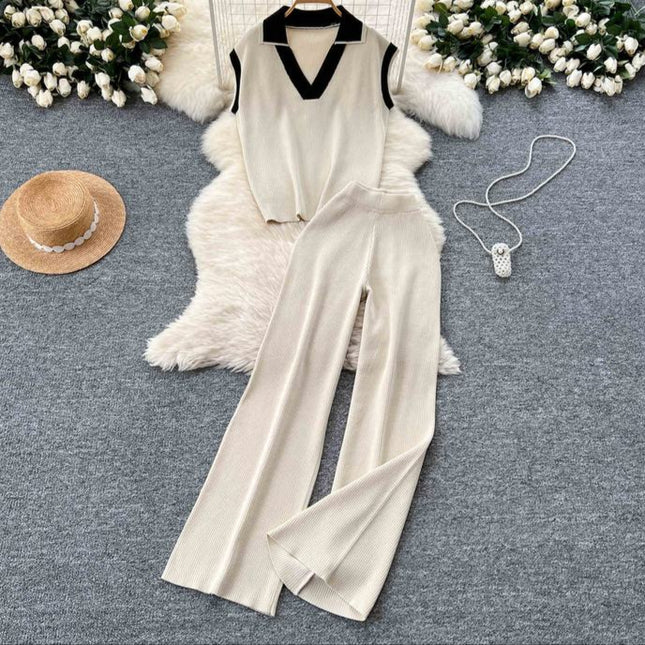 Two-piece Summer Outfit Sleeveless Knitted Top Retro Color-blocking Turn-down Collar and High Waist Wide Leg Trousers