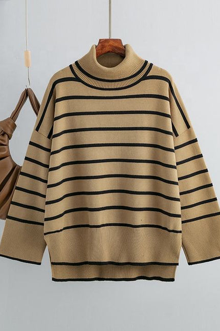 Spring Autumn Vintage Versatile High Neck Striped Loose Sweater Women's Sweater Top