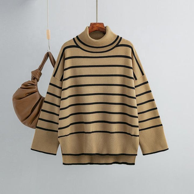 Spring Autumn Vintage Versatile High Neck Striped Loose Sweater Women's Sweater Top