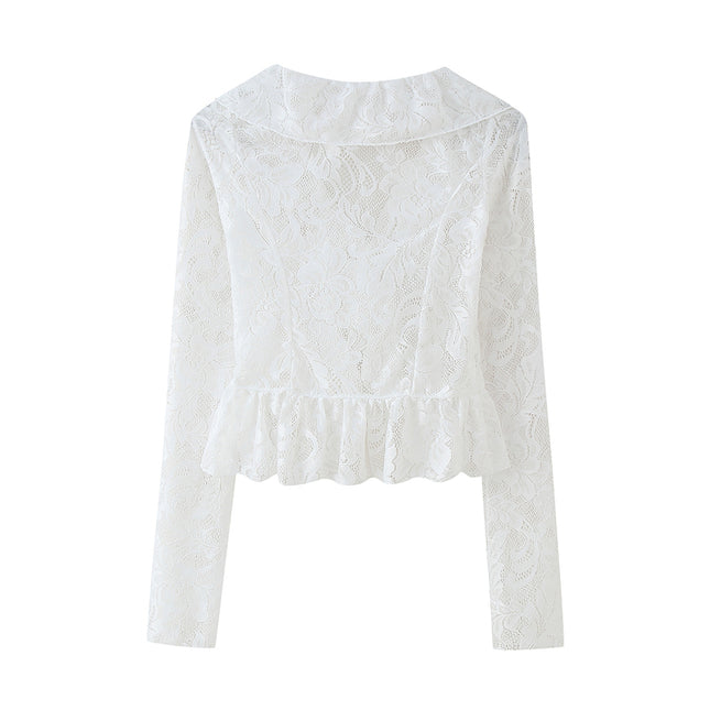 V Neck White Color Floral Lace Front Ruffle Long Sleeve Casual Fashion Tops Blouse for Women