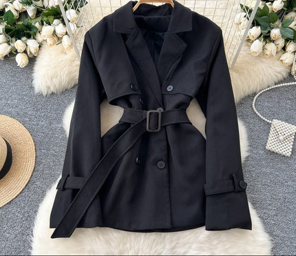 French British Style Jacket Women'S Fall Double Breasted Lapel Long Sleeve Blouse Short Jacket Trench Coat
