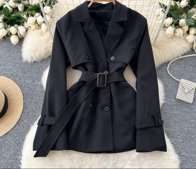 French British Style Jacket Women'S Fall Double Breasted Lapel Long Sleeve Blouse Short Jacket Trench Coat