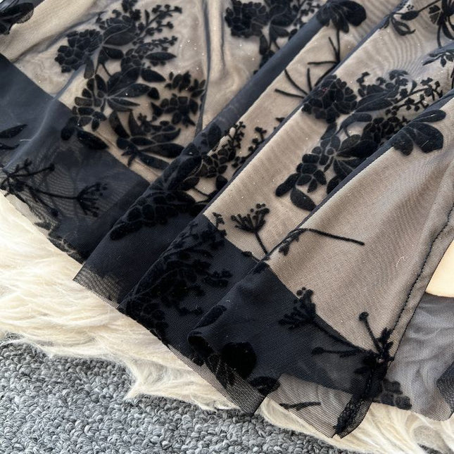 French Vintage Elegant Dresses Women Premium Pleated Slim Split Lace Ruffle Long Dresses